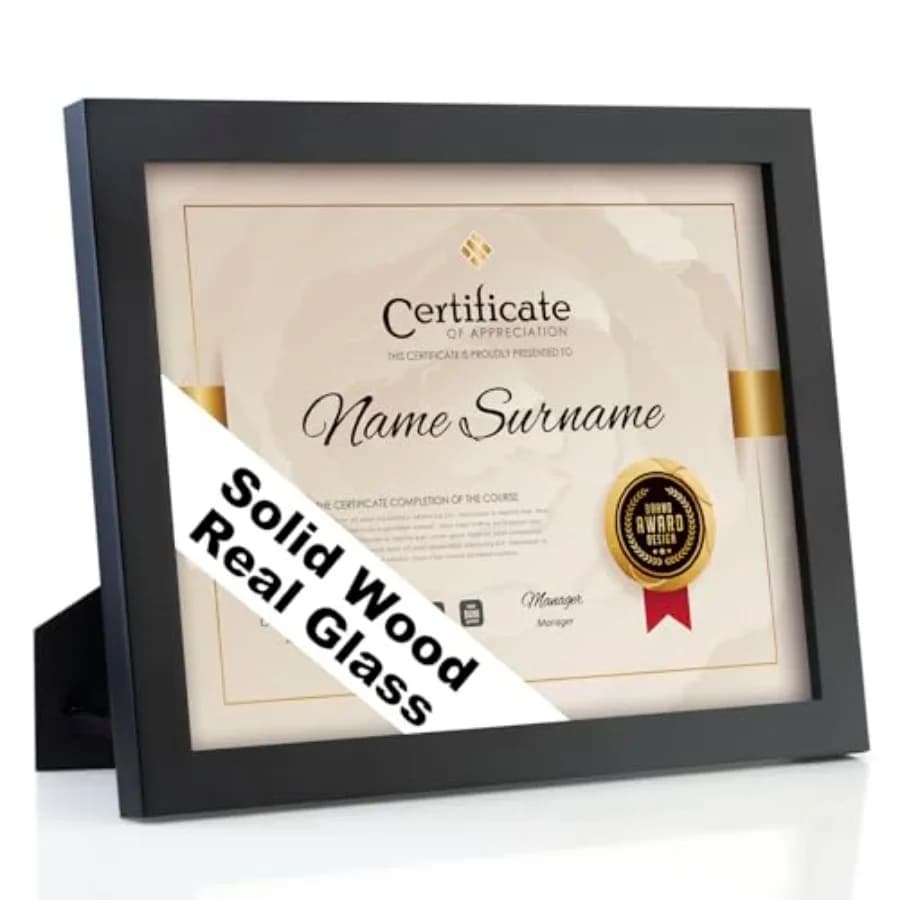 Diploma Frame for Certificate and Documents, Solid Wood Picture Frame with Real Glass, Fits 8.5 x 11 Paper, Wall Mount or Table