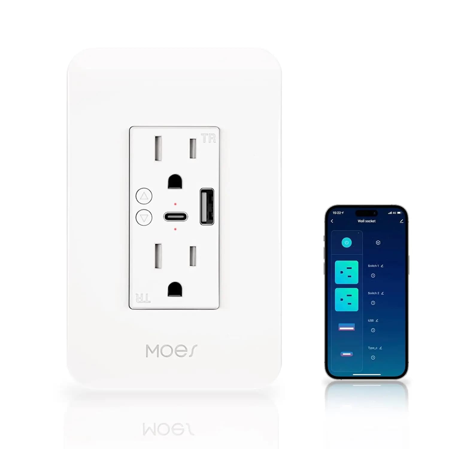 Smart USB Wall Clasp with Type-C and Type-A Charger, Wi-Fi Control, No Hub Need