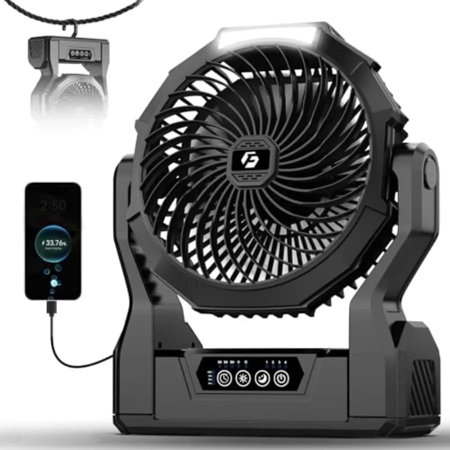 Ventilatore da Campeggio Ricaricabile 24000mAh, 64 Ore di Autonomia, Ventilatore Portatile a Batteria con Luce LED e Power Bank per Interni