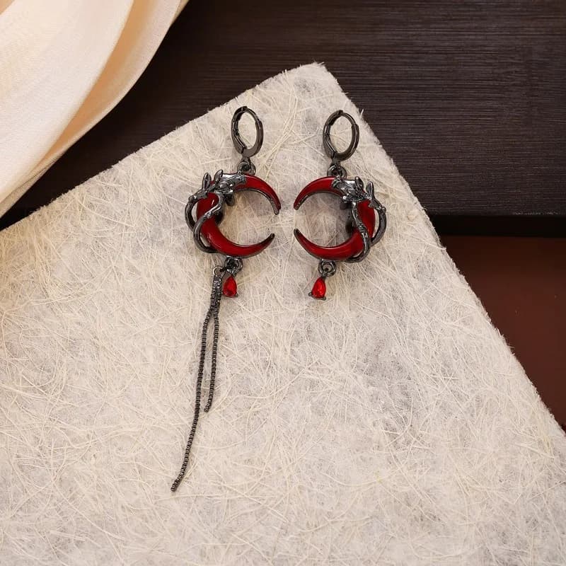 Orecchini Pendenti Punk Asimmetrici con Luna Rossa e Rosa, Orecchini Lunghi Vintage con Sfera di Cristallo Nera per Donne