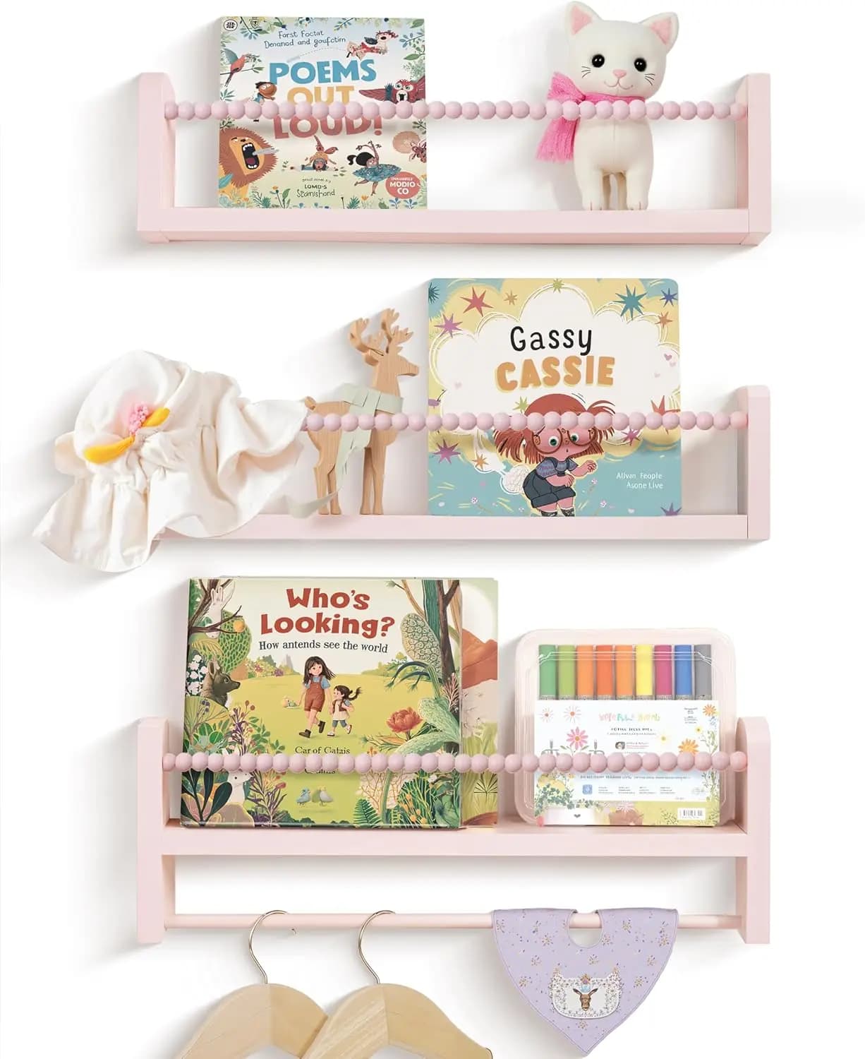 Set di 3 mensole galleggianti in legno rosa, decorazioni da parete per la cameretta dei bambini, organizer per spezie da cucina
