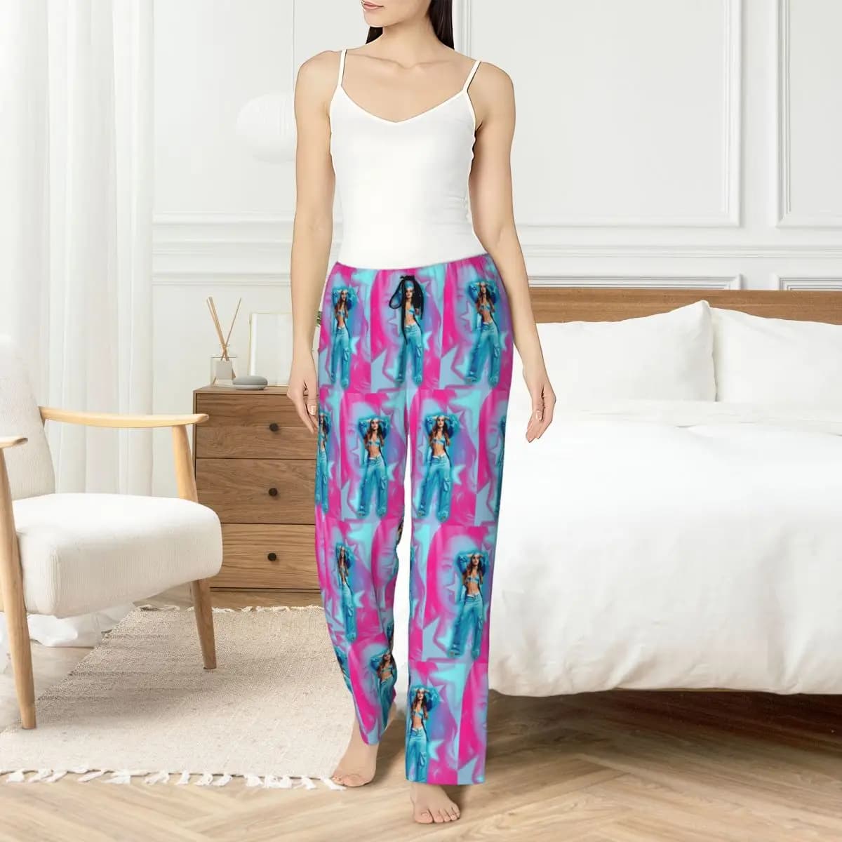 Custom Pants E-Emilia Mernes Nightwear for Women Elastic Belt Mp3 Cantante Poster Seating Pants for Sleep with Pockets