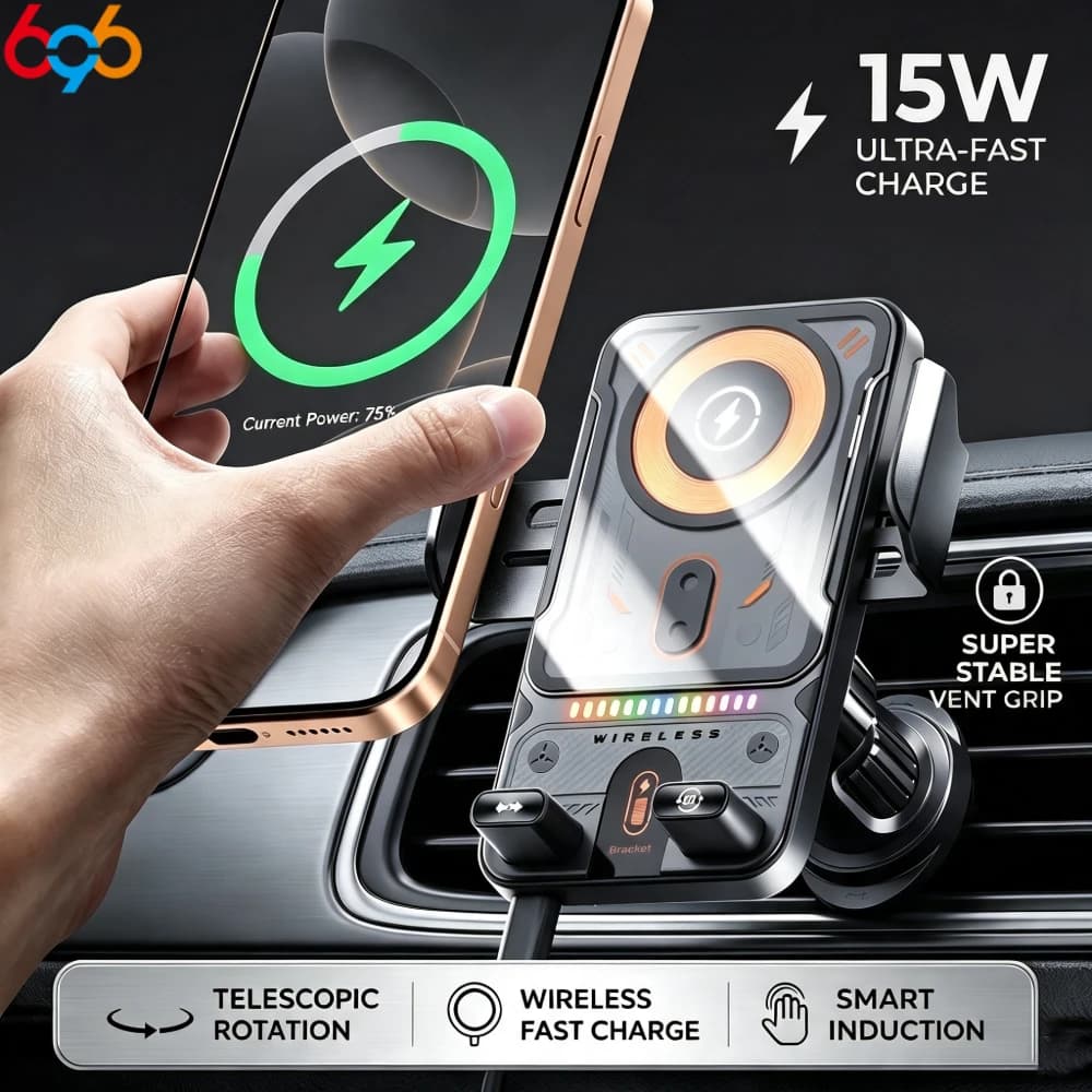Dual Motor Electric Rotate Car Phone Holder Automatic Opening Closing 15W Wireless Fast Charging Mount For Smartphone