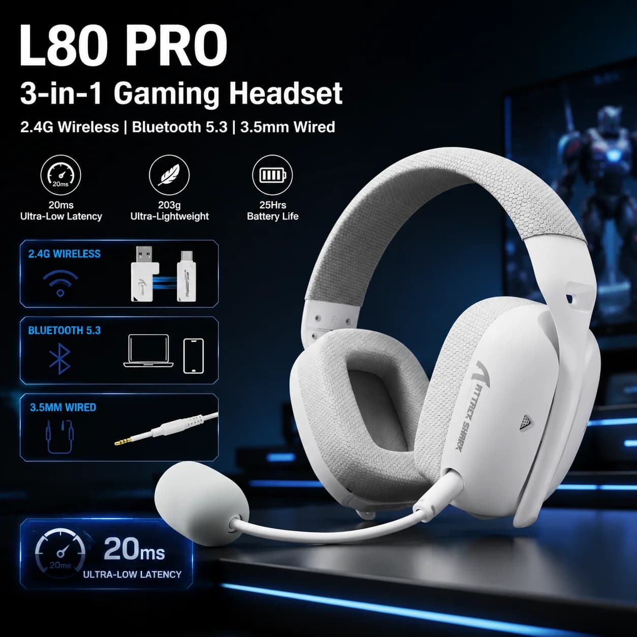 L80 PRO 3-in-1 Gaming Headset Lightseed Wireless Tech 20ms Ultra Low Latency 2.4G USB Type-C Bluetooth5.3 3.5mm Wired 40mm Hi-Fi