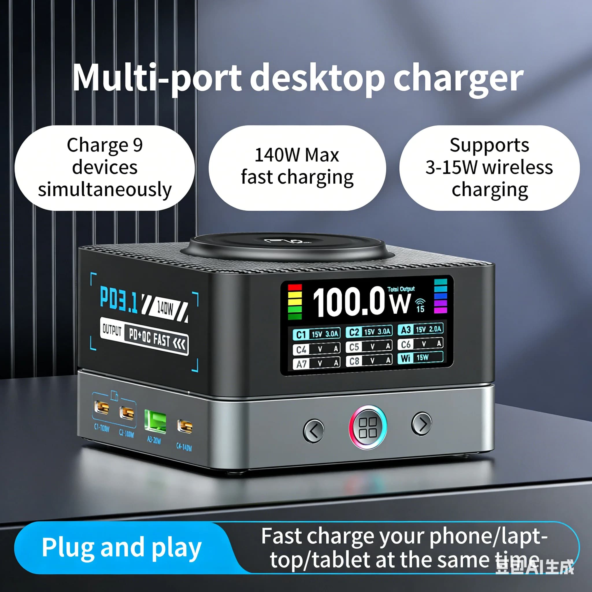 2026 New 9-in-1 GaN Desktop Charger Station Multi Port USB High Power Smart Fast Charging PD3.1 PPS for Phone Tablet Laptop