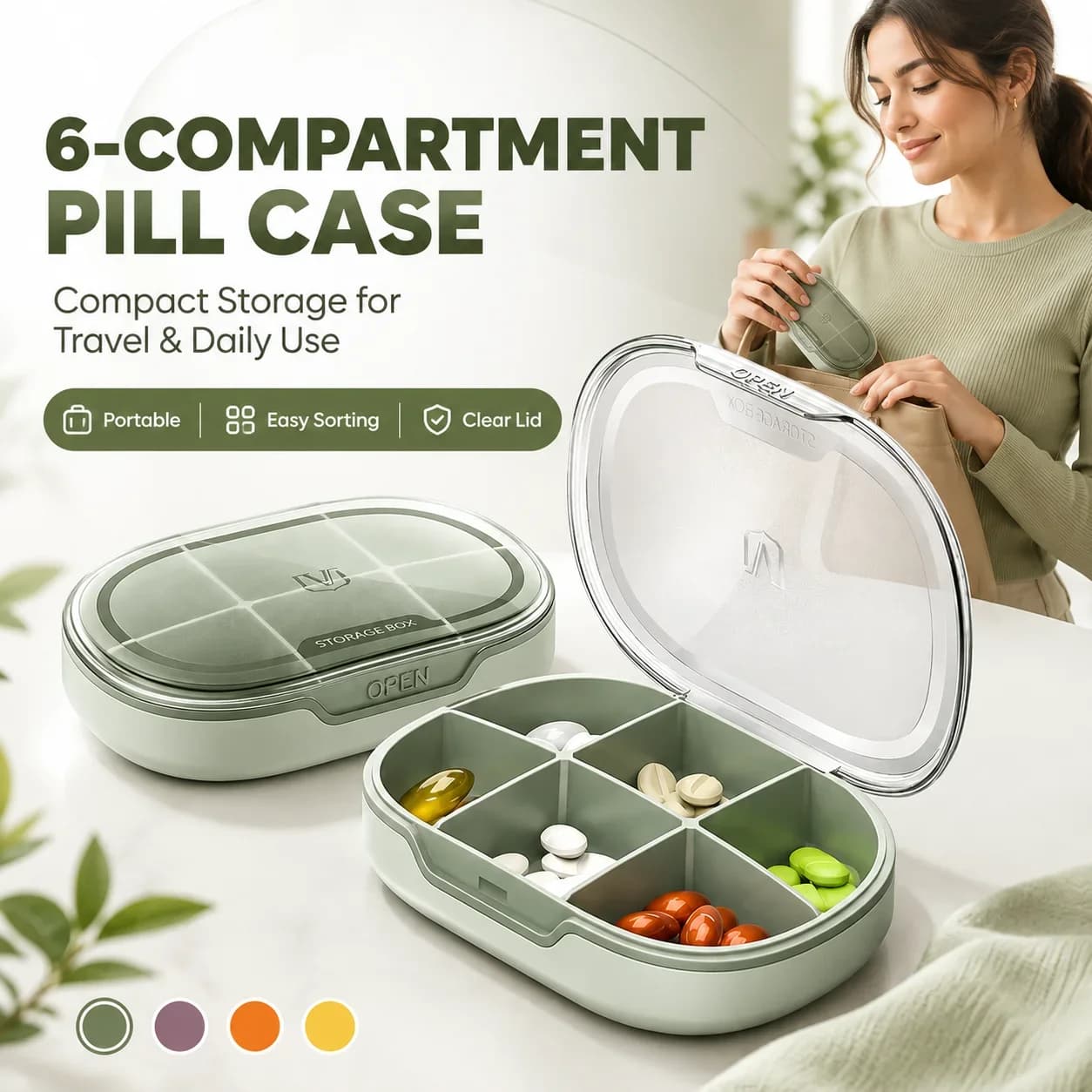 6-Compartment Portable Pill Box, Mini Travel Pill Case with Clear Lid for Vitamins, Supplements, Home, Work and Gym