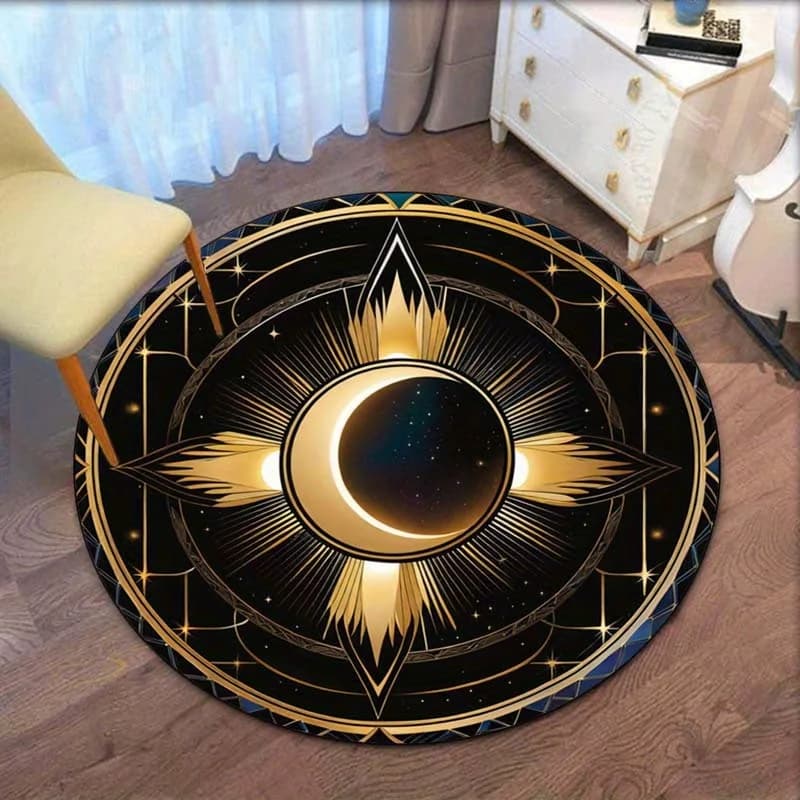 Sun moon eclipse celestial design round rug crystal velvet floor mat golden black cosmic art home decor anti slip carpet bedroom