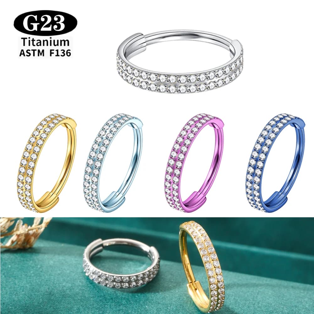 Piercing Helix in Titanio G23, Anello per Naso, Orecchio, Septum, Cartilagine, Daith con Doppia Zirconia Cubica Trasparente 5A, Gioielli per il Corpo