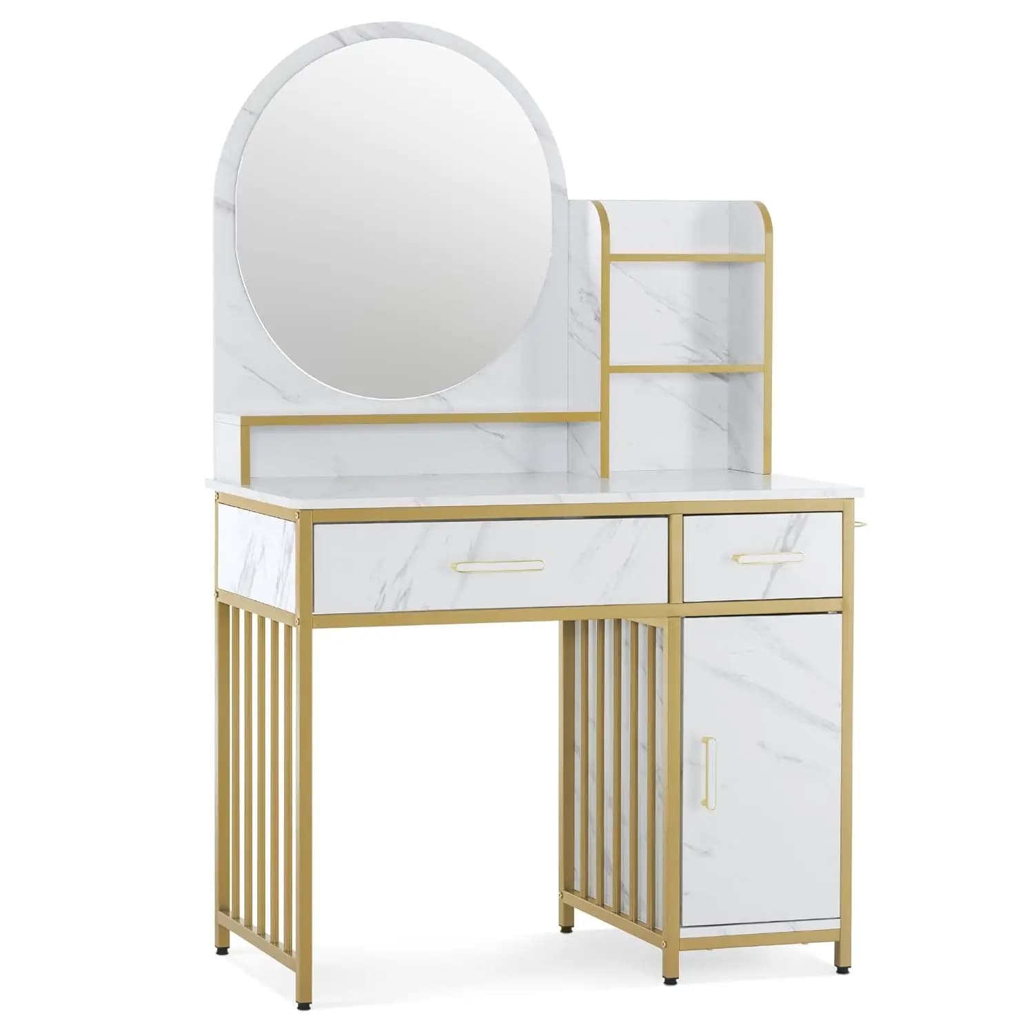 Toeletta Moderna con Cassetti, Porta Asciugacapelli, Specchio, Stazione Trucco per Camera da Letto, Scaffali Aperti, Bianca, Personalizzabile