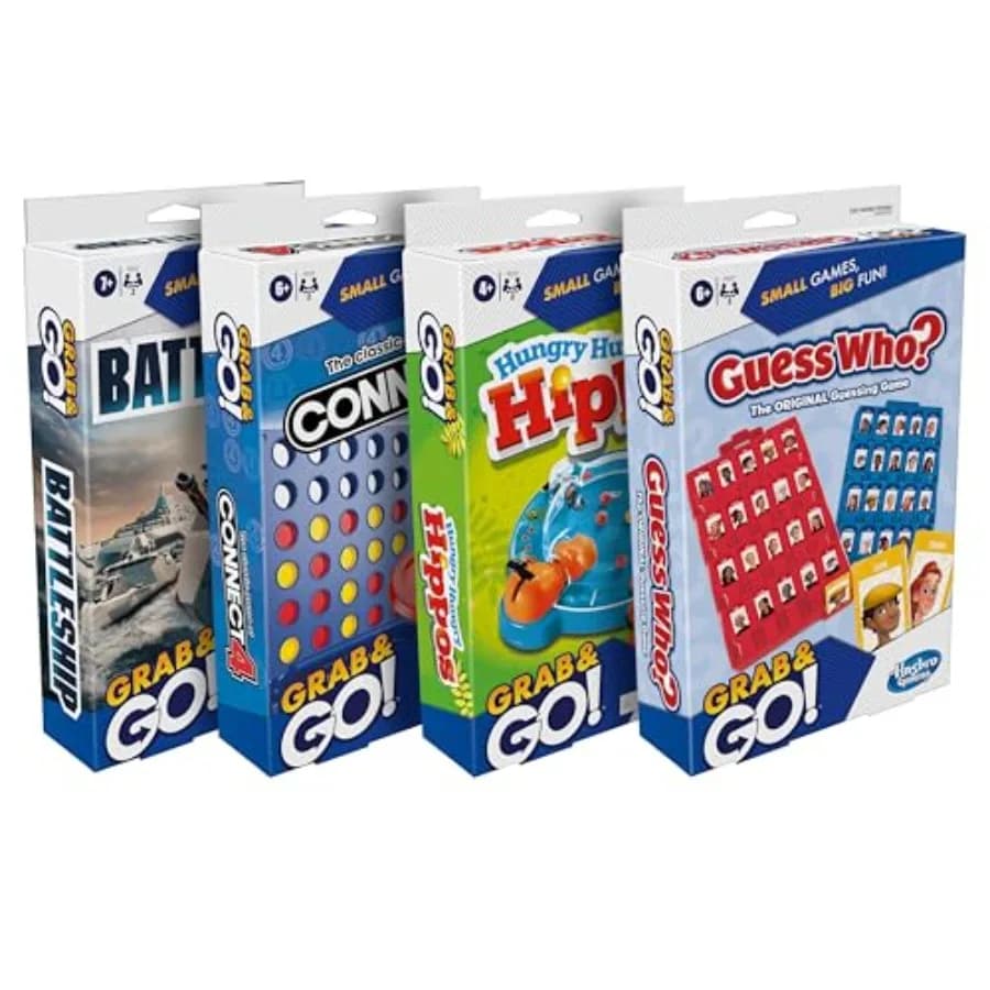 Hasbro Grab and Go! Bundle 4 Pack,Travel Board Games, Battleship, Connect 4, Guess Who?, Hungry Hungry Hippos Games, 2 Players,