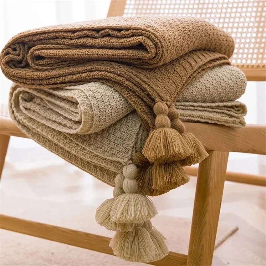 Coperte nordiche per divano letto divano copriletto in maglia grossa coperta lavorata a maglia con nappa coperta goffrata Waffle tinta unita