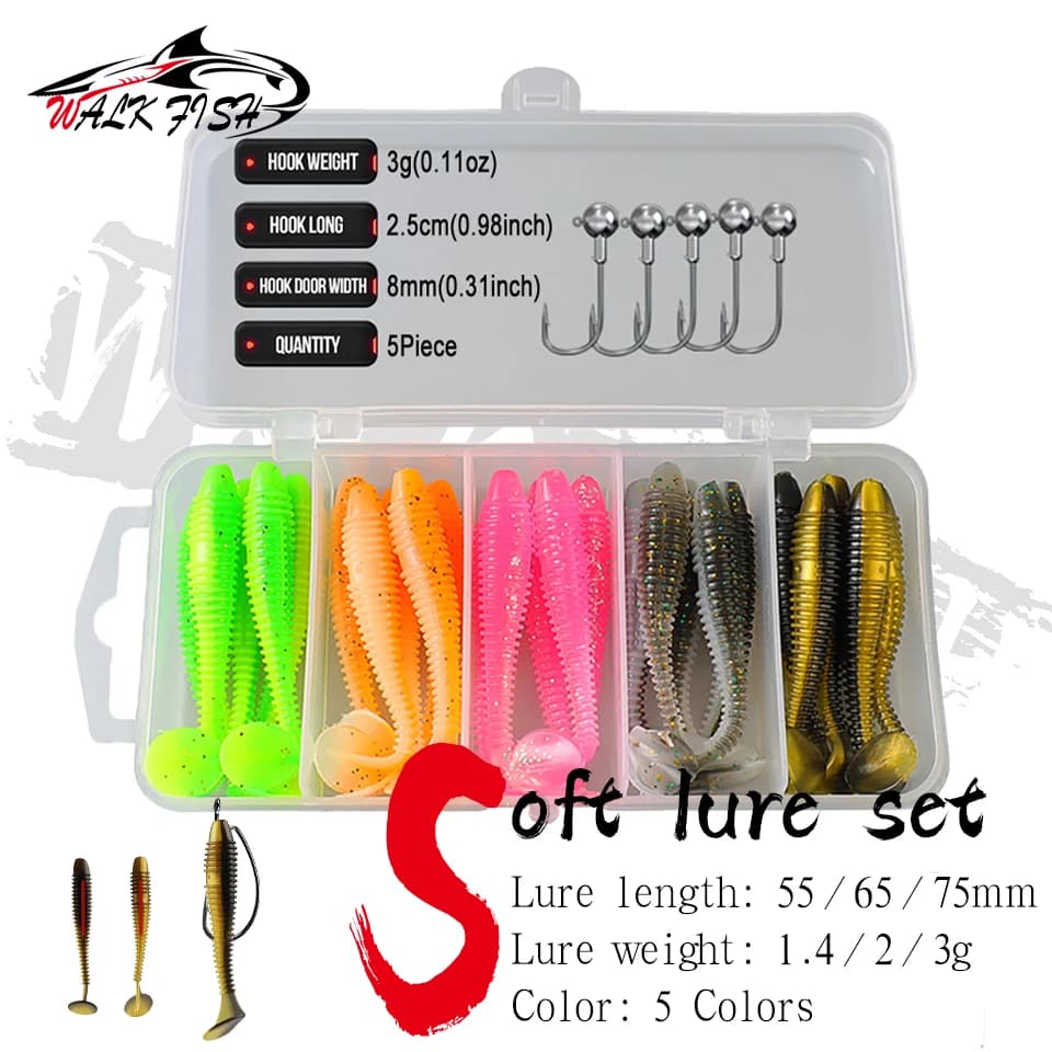 WALK FISH Set di 30 Esche Morbide da Pesca 55/65/75mm, Esche a Verme con Testa Piombata, Attrezzatura per la Pesca al Bass, Esche Artificiali per Spigola
