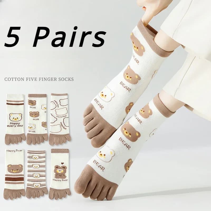 5 pairs of five-finger socks for women, yoga, pilates, cotton socks with separate fingers, cute Kawaii socks with cartoon bear