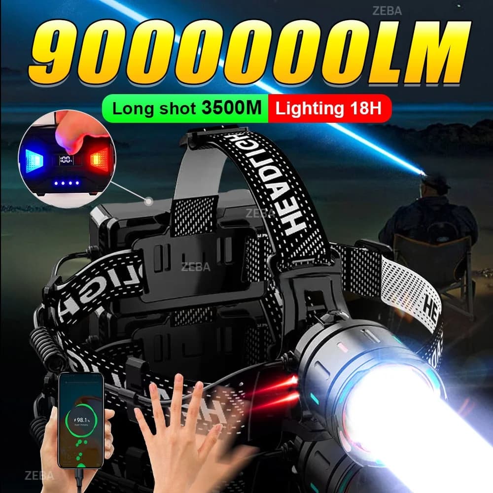 900000LMHigh Bright LED Headlamp Powerful Head Flashlight Rechargeable Headlight Outdoor Zoomable Head Lamp for Fishing Camping