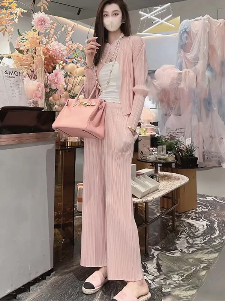 Pantaloni a gamba dritta pieghevoli semplici da donna, a vita alta ed elastica, a gamba larga, nuovo stile autunnale, casual, che nascondono le imperfezioni