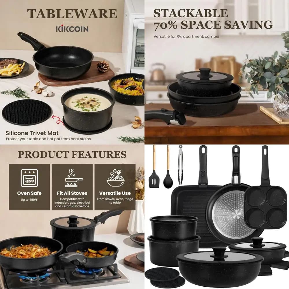 24-piece non-stick pans with removable handle, compatible with induction, pans, egg pans - Dishwasher washable