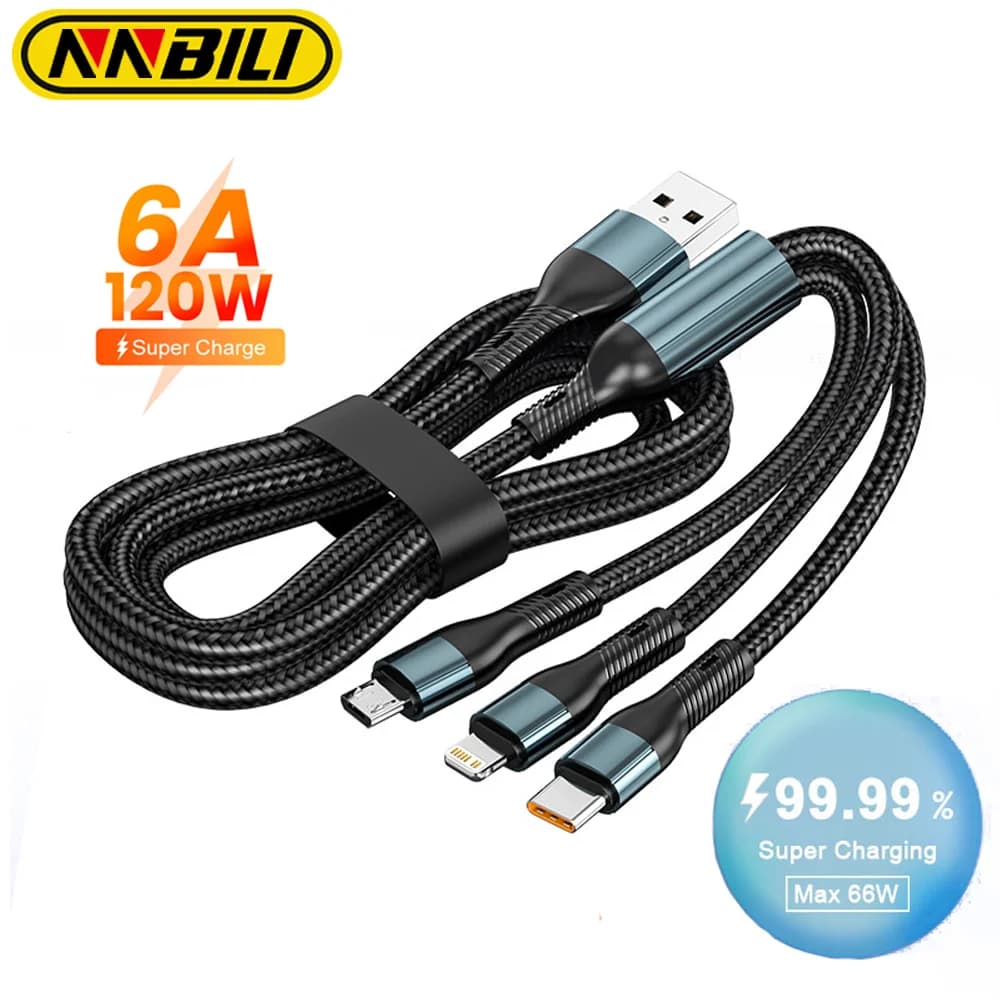 NNBILI 6A 120W 3 in 1 Cavo USB Tipo C Cavo dati per caricabatterie per telefono a ricarica rapida per iPhone Samsung Huawei Cavo Micro USB a ricarica rapida