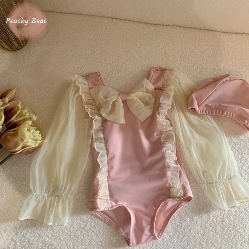 Children's swimsuit baby bathing suit + cap 2 pieces swimsuit with sleeves gauze swimsuit with bow children's clothes 1-10Y