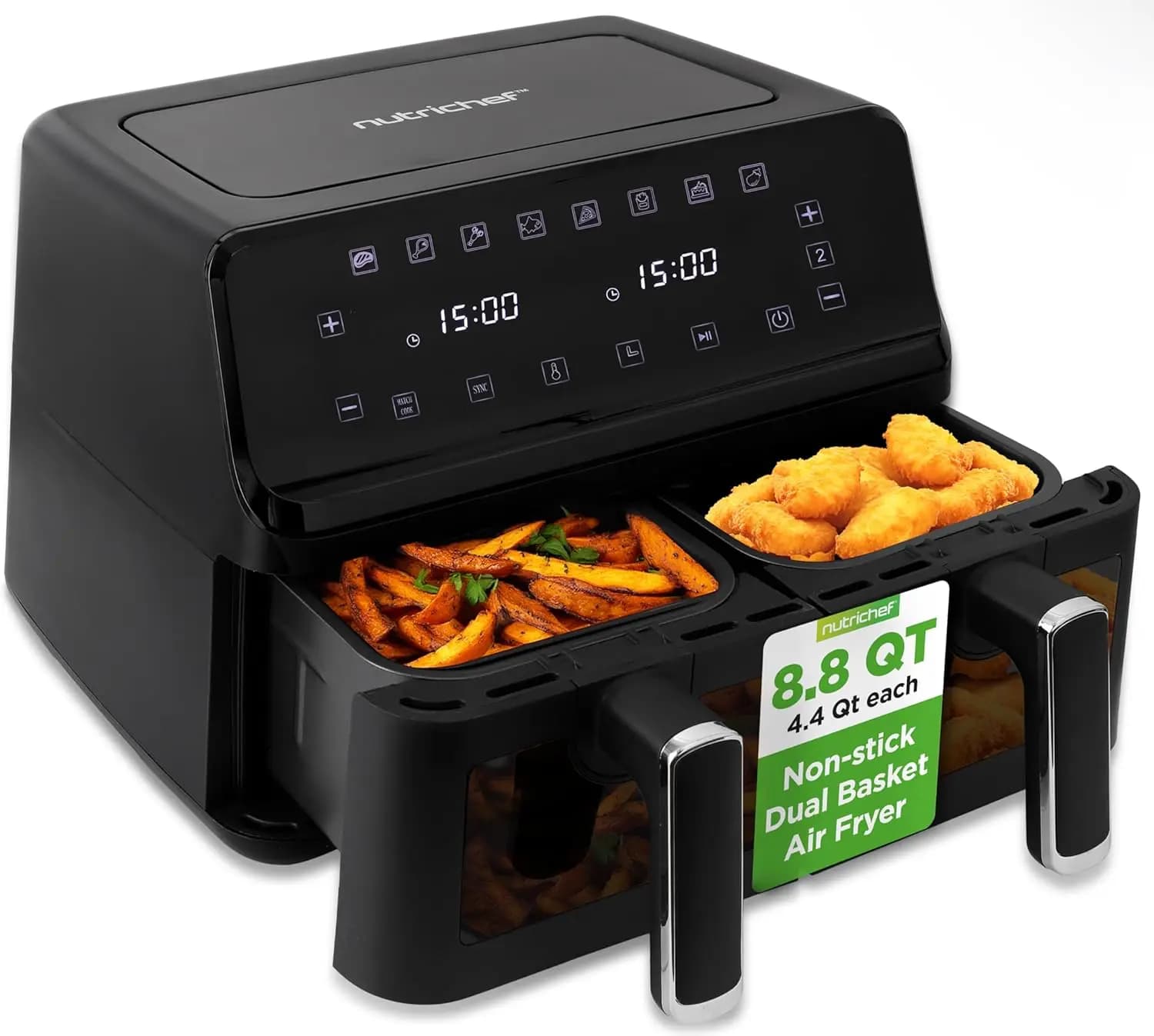 Friggitrice ad Aria a Doppio Cestello 8,8 QT Formato Famiglia, Digitale Senza Olio con Finestra Trasparente, 9 Opzioni di Cottura Preimpostate, Riscaldamento a 360°