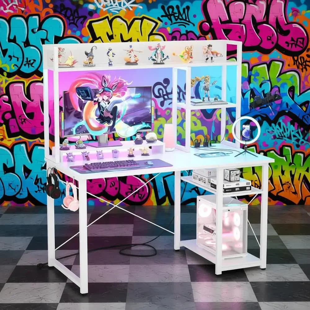 Play desk with 39 LED lighting with power sockets, 5-level monitor support and storage for home office, white