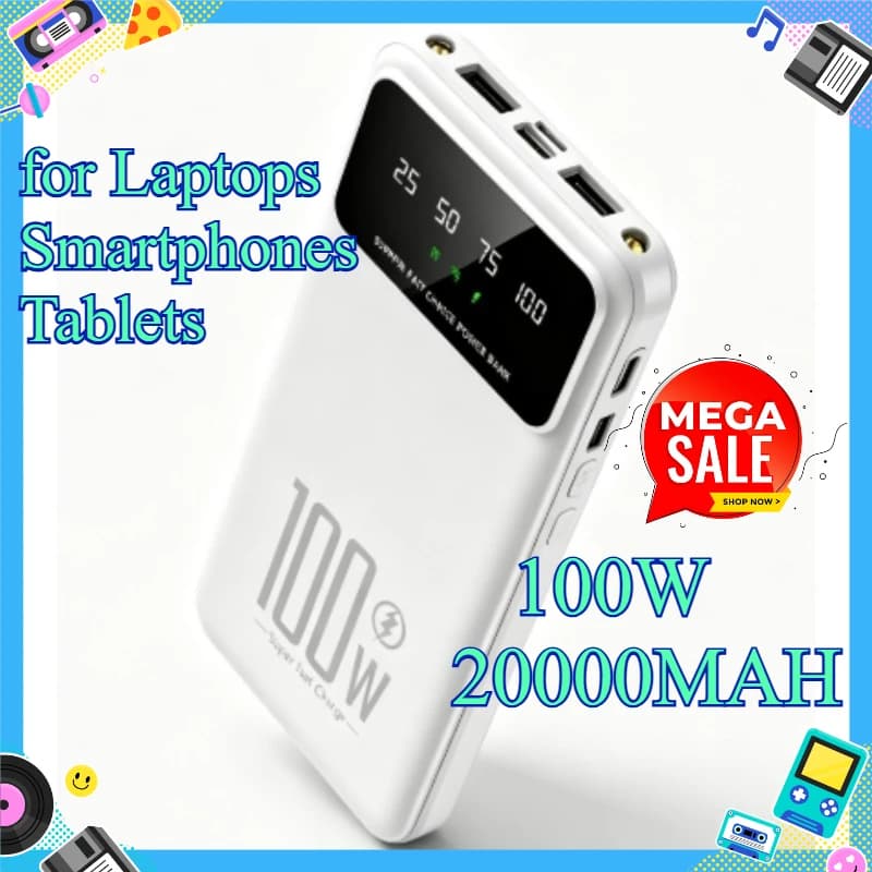 100W Super Fast Charging Power Bank 20000mAh Large Capacity Mobile Power Supply for Laptops Smartphones Tablets
