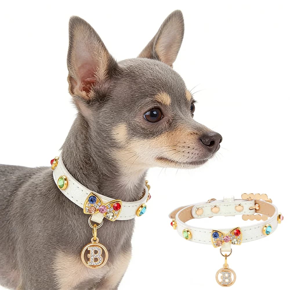 Collare per animali domestici in pelle con collare per cuccioli di diamanti di lusso per cani di piccola taglia collana regolabile per cani e gatti con strass B Pendent