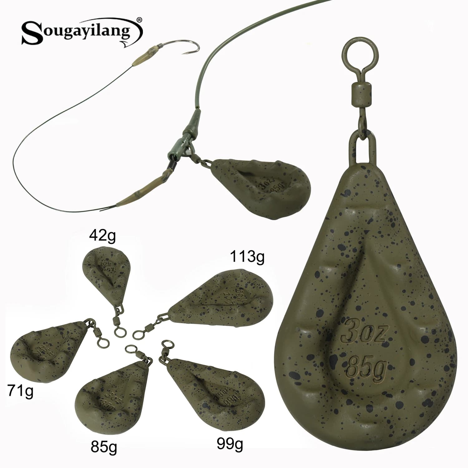Sougayilang 5pcs Carp Fishing Weights 5 Sizes 42g-113g 360° Swivel Lead Sinkers for River/Lake Fishing Carp Fishing Accessories