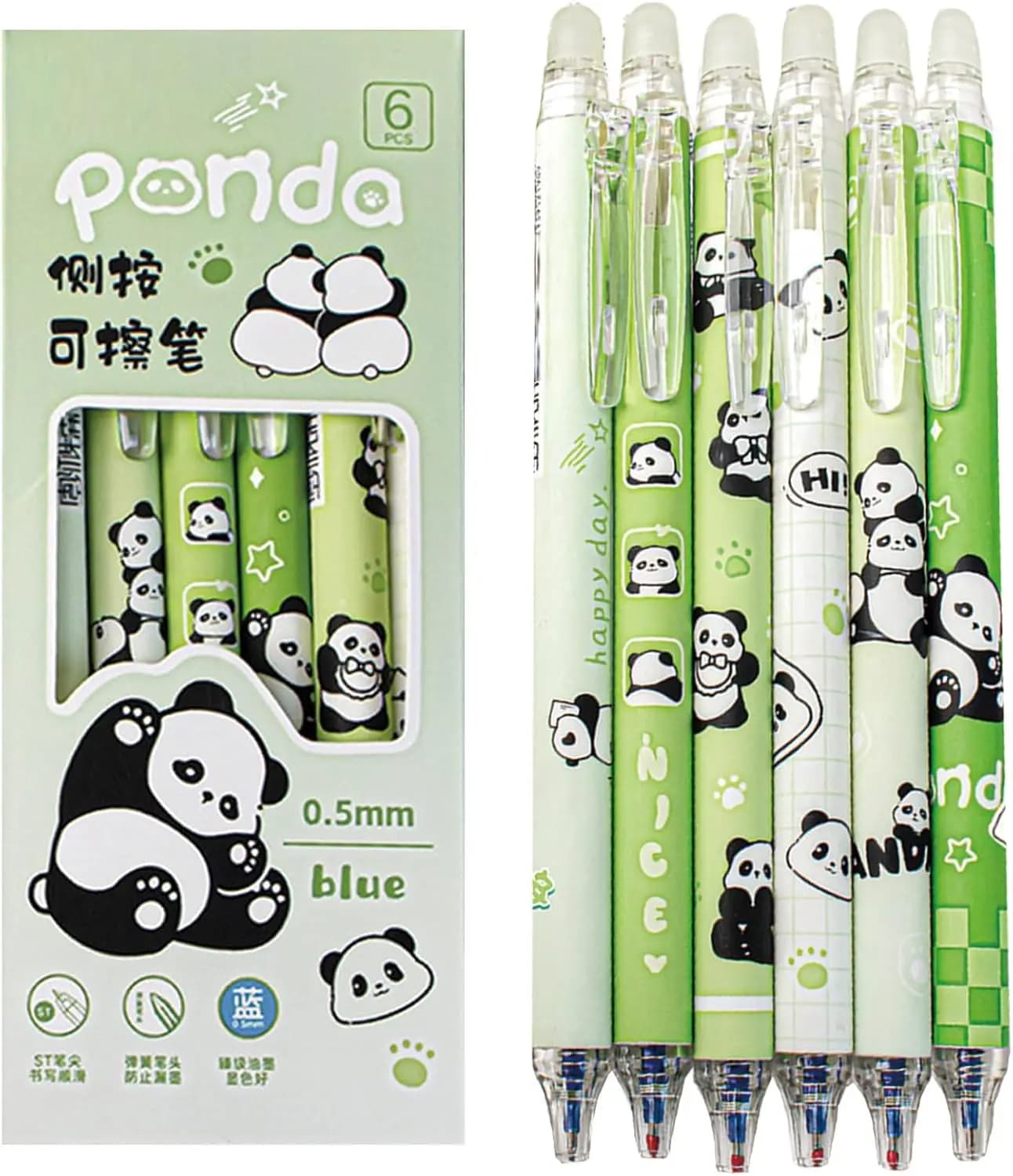 6 Penne Cancellabili a Forma di Panda, Penne Gel Retrattili con Inchiostro Blu 0.5mm per Scuola e Ufficio