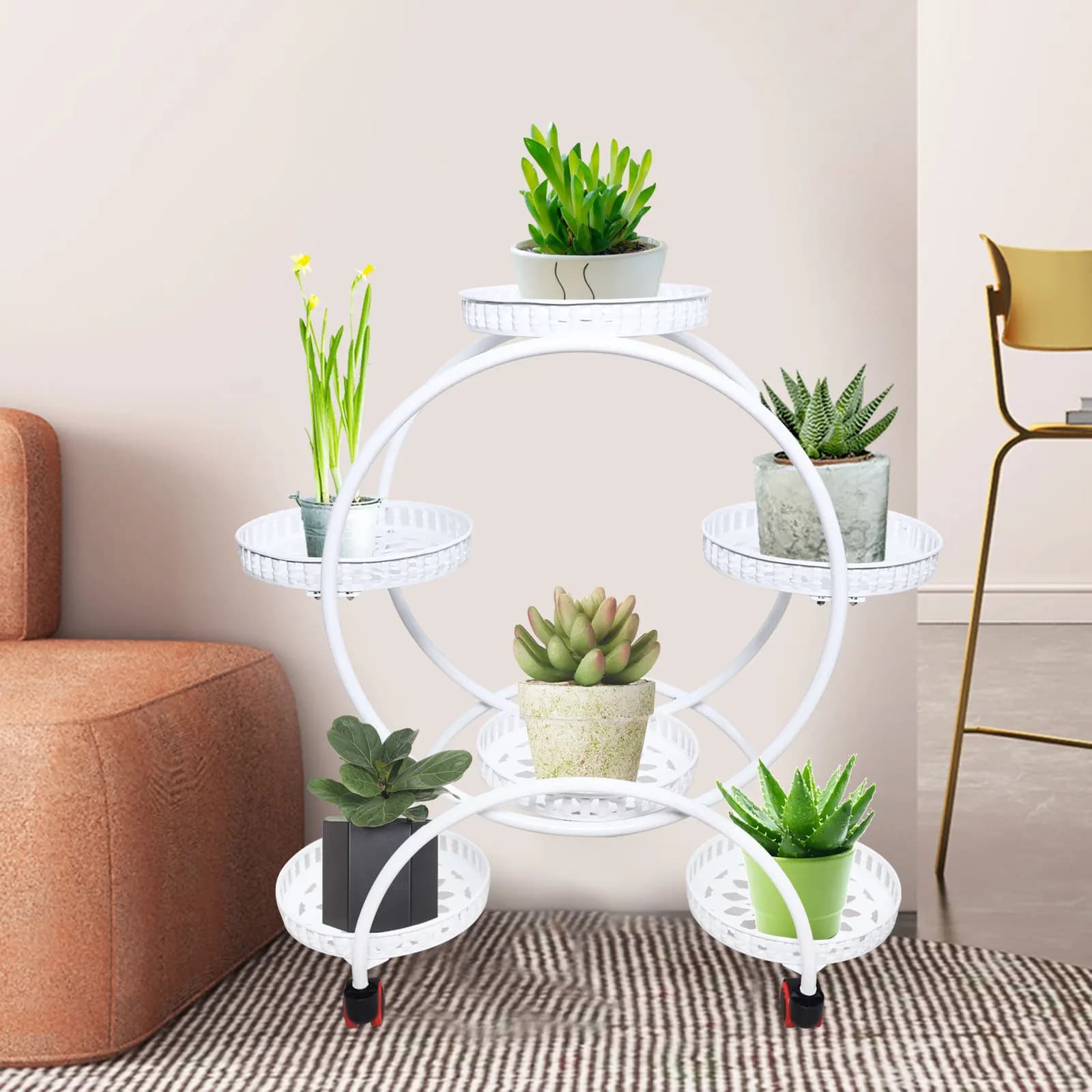 4-layer white flower pot holder with vase display with rollers with frame for 9 trays high load plants