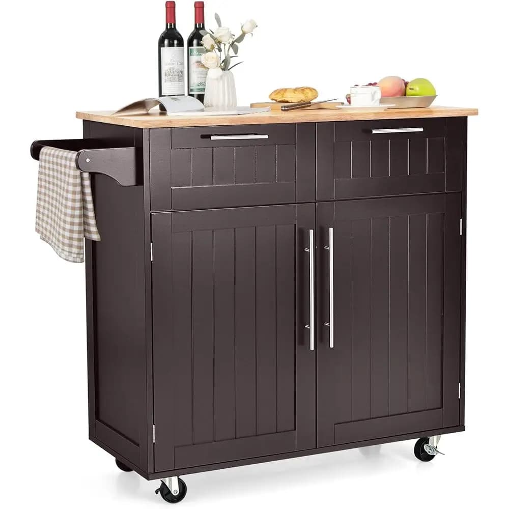 Isola da cucina mobile con portasciugamani, doppio cassetto, mobiletto a 2 ante, ruote bloccabili, piano in legno di gomma marrone