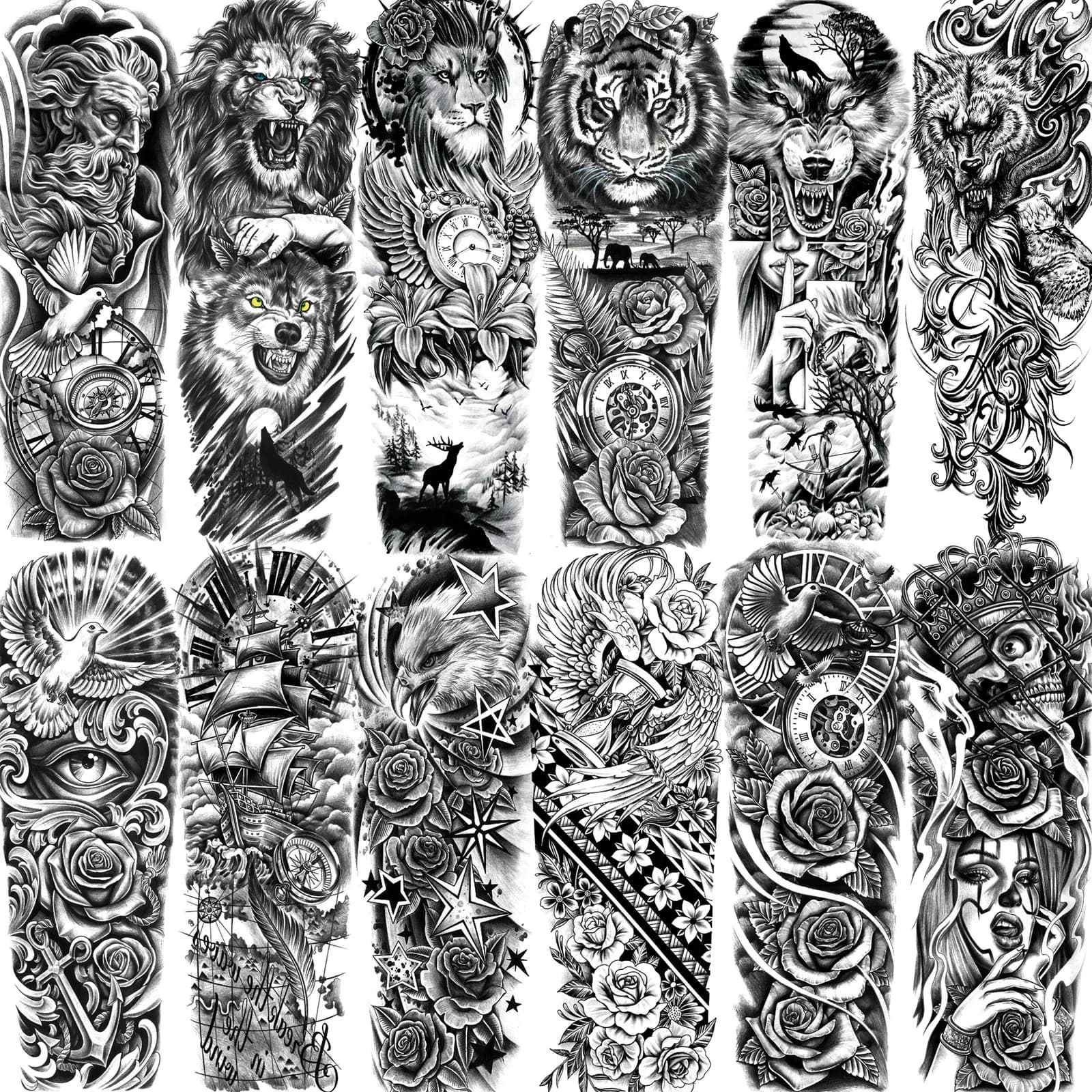 1 Sheets Wolf Lion Tiger Maori Temporary Tattoos For Men Women Adults Full Sleeve Arm Flower Rose Skull Tattoo Sticker Decor