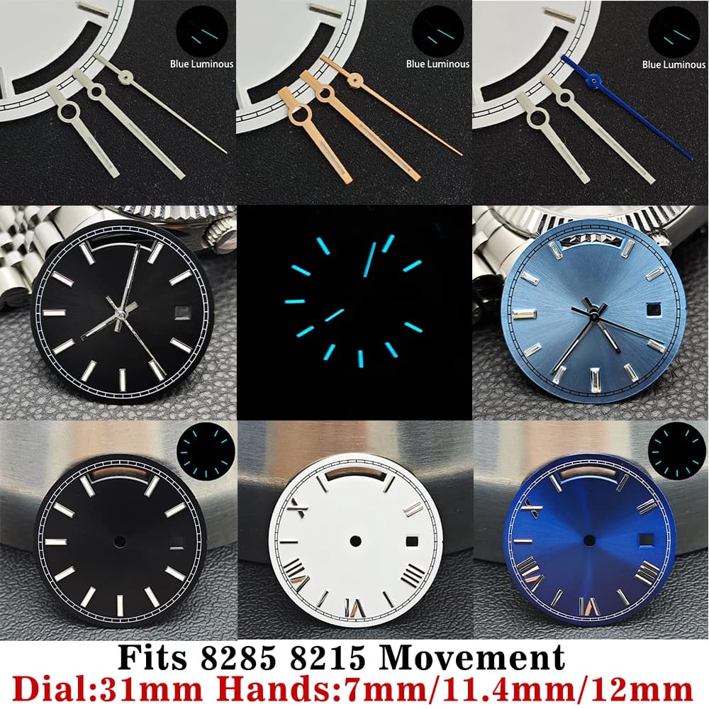 High quality blue light watch hands with 31 mm dial, suitable for movement 8285/8215, dial 8285, men's watch accessories