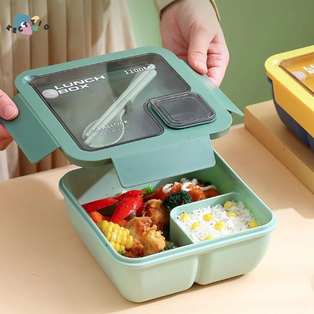 Set di 3 Contenitori per Pranzo Ermetici, Adatti al Microonde, con Borsa Termica e Posate, Contenitori in Plastica con Scomparti