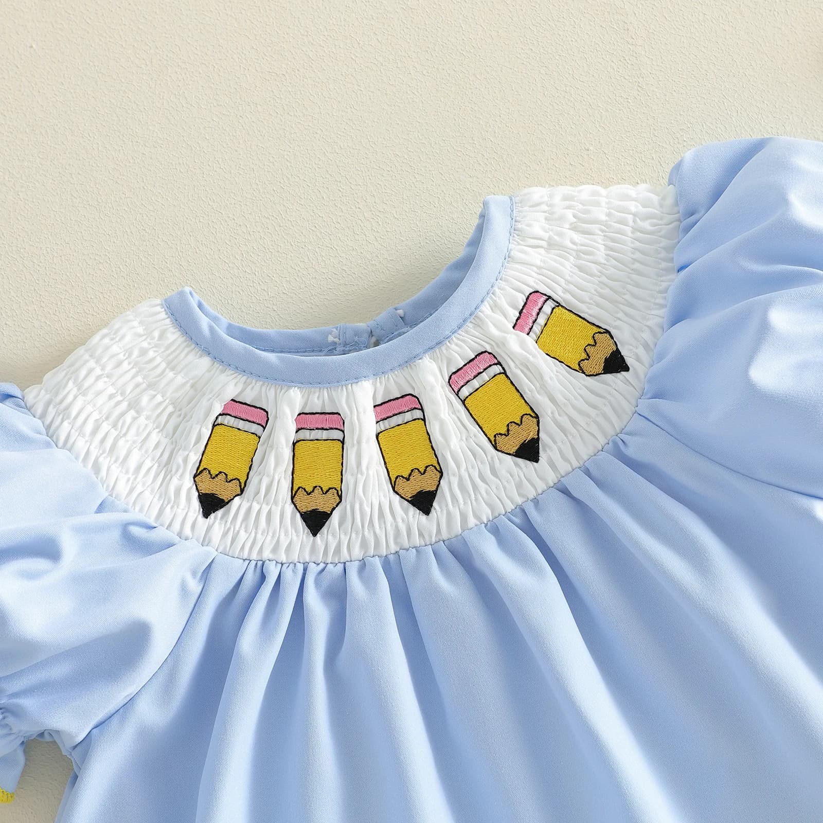 Toddler Girls Back to School Outfit Apple/Pencil Embroidery Short Sleeves T-Shirt and Elastic Ruffles Shorts Set