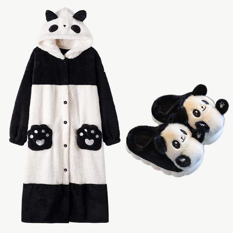 Pigiama di peluche Panda cartone animato Vestaglie Anime Camicia da notte per adulti Abito da notte invernale a maniche lunghe Festa di Halloween Comoda pantofola per ragazza Kawaii