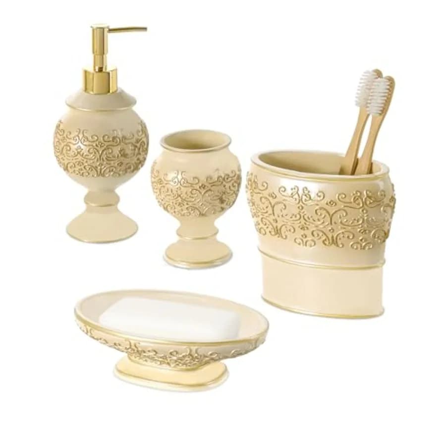 Set di Accessori per Bagno Bge 4 Pezzi con Dispenser di Sapone, Portaspazzolino, Bicchiere e Portasapone per Arredo Bagno Moderno, Idea Regalo