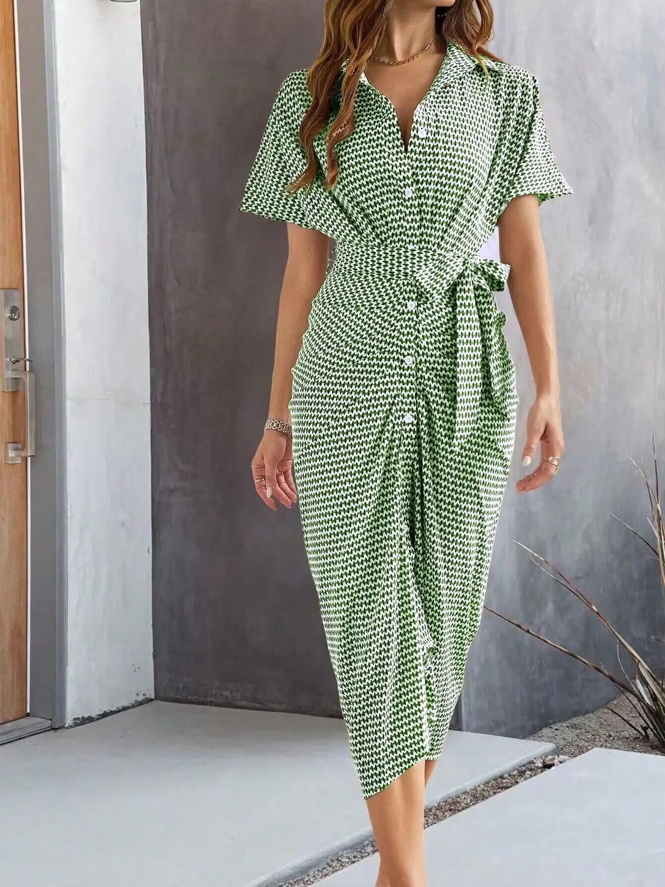 Abito Camicia Verde con Stampa Pied-de-Poule e Cintura, Vestito Lungo Casual da Donna