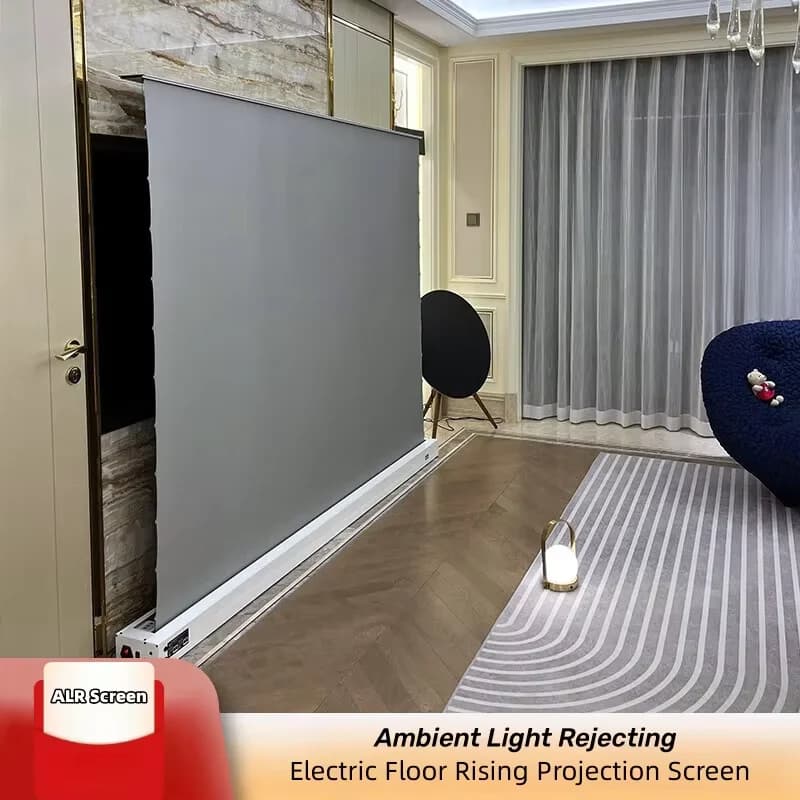 Schermo per proiettore in aumento da pavimento elettrico con luce ambientale ALR da 150 pollici arrotolabile motorizzato per proiettore a lancio normale/lungo