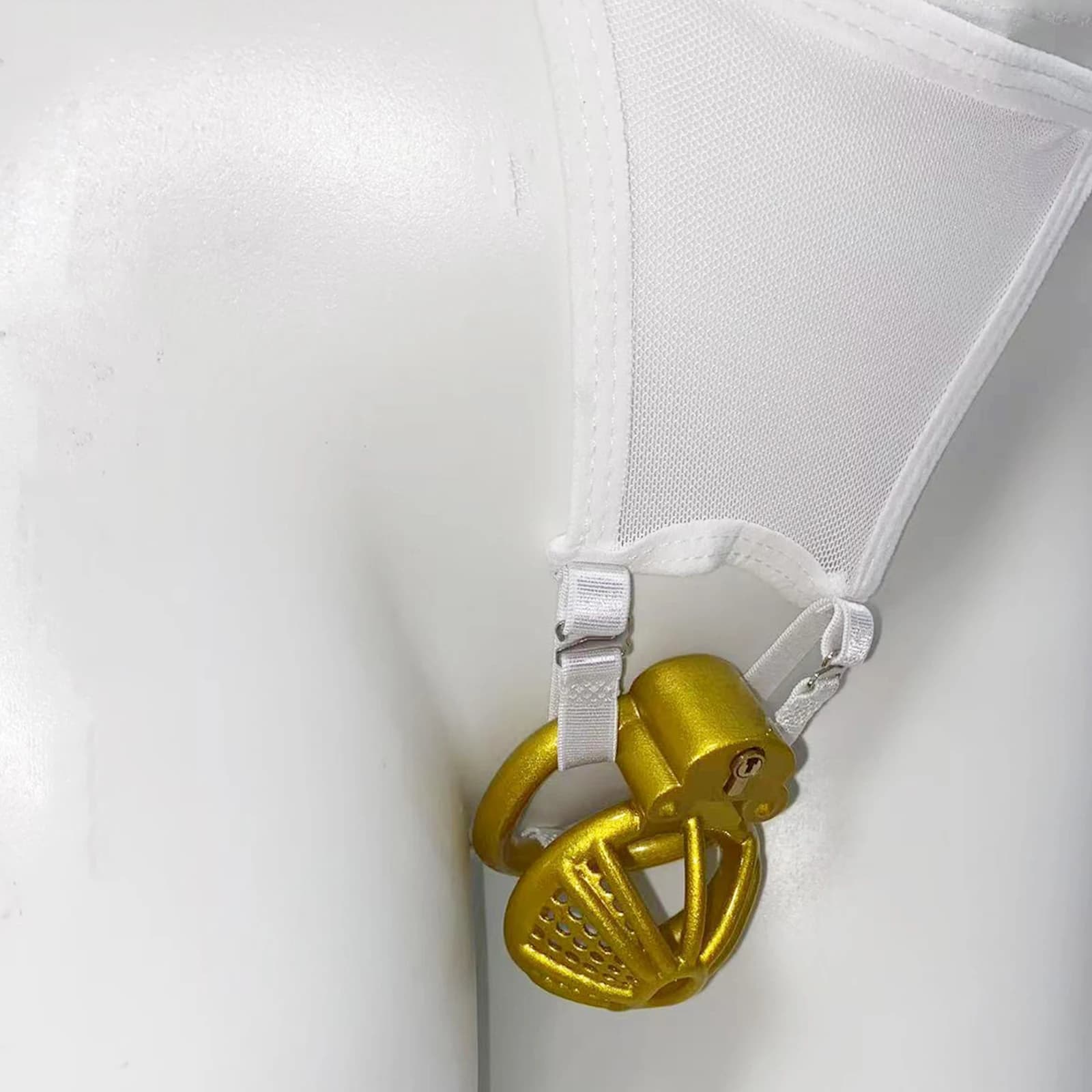 Men's chastity sand white thong with fixed strap Anti-off device Elastic band Penis ring with auxiliary belt BDSM for adult