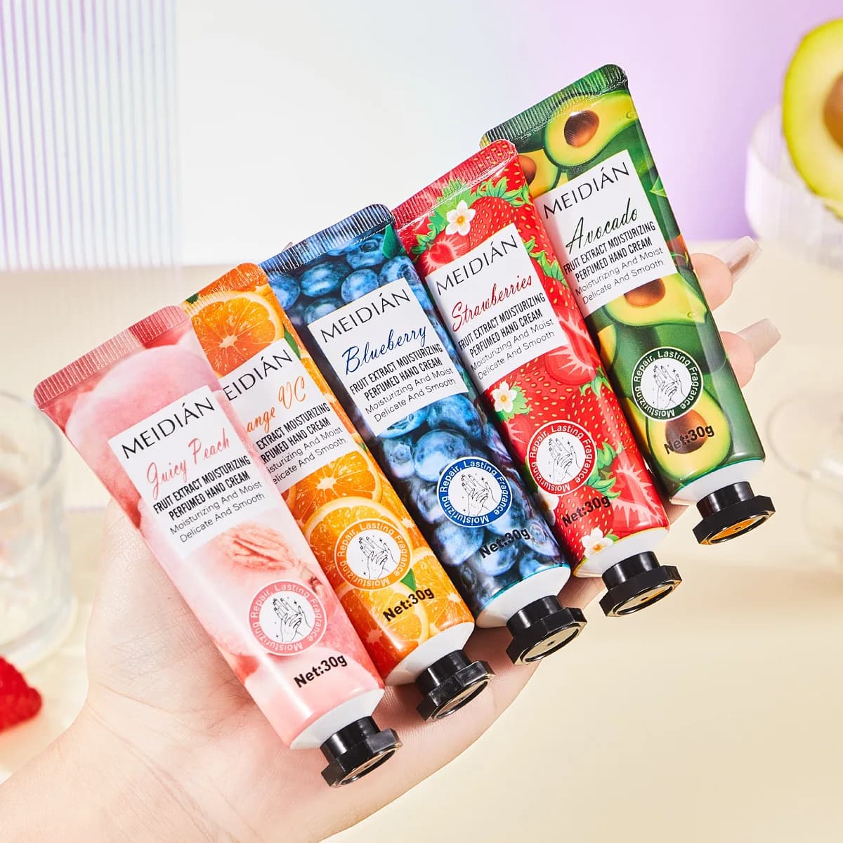 Crema mani profumata alla frutta in cinque pezzi per idratazione e conservazione della fragranza a lunga durata, crema maschera per la cura delle mani