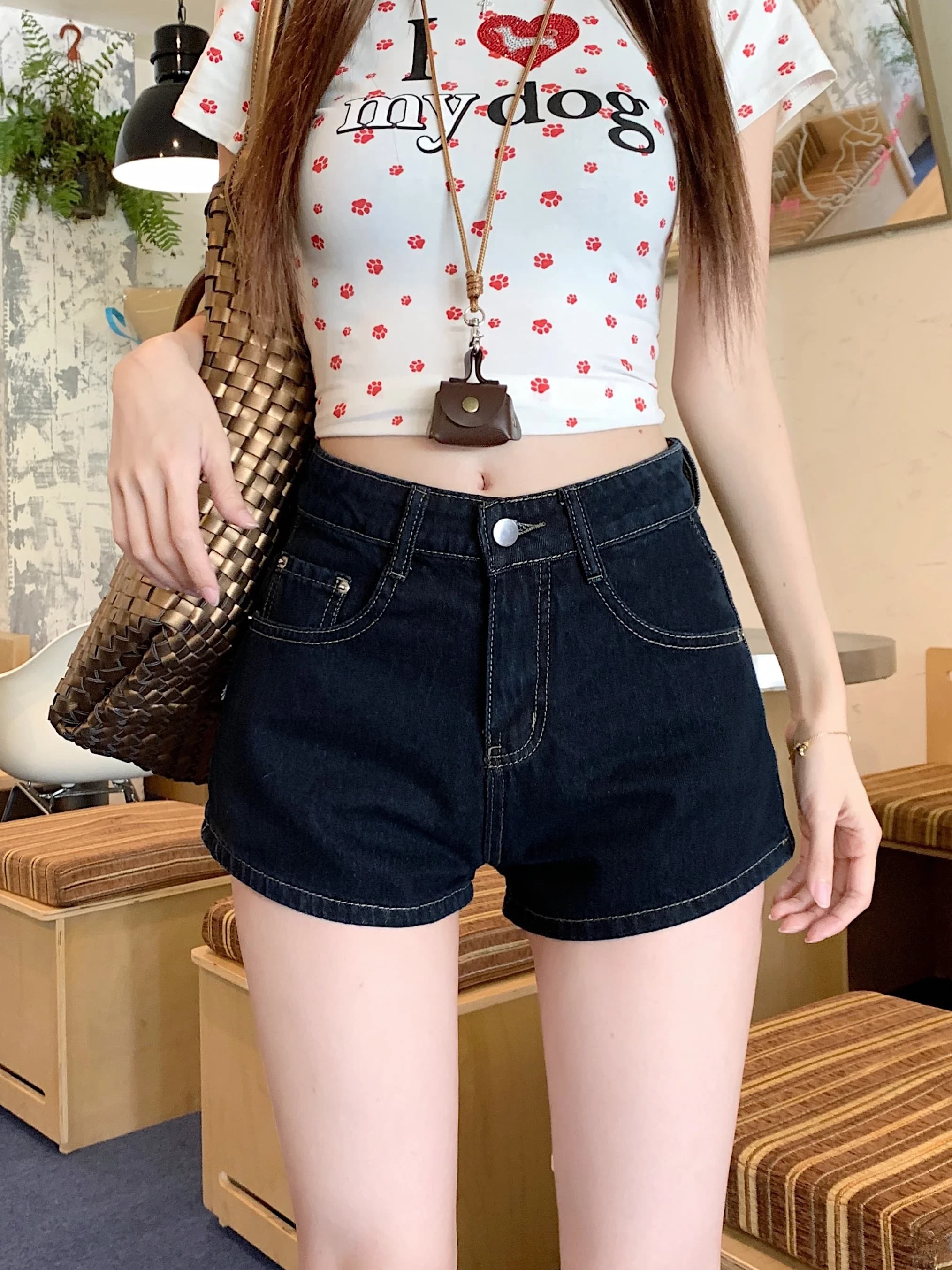 American Style Retro Washed Denim Blue Shorts Women's High Waist Straight A-Line Hip Lifting Hot Shorts Summer Casual Jeans
