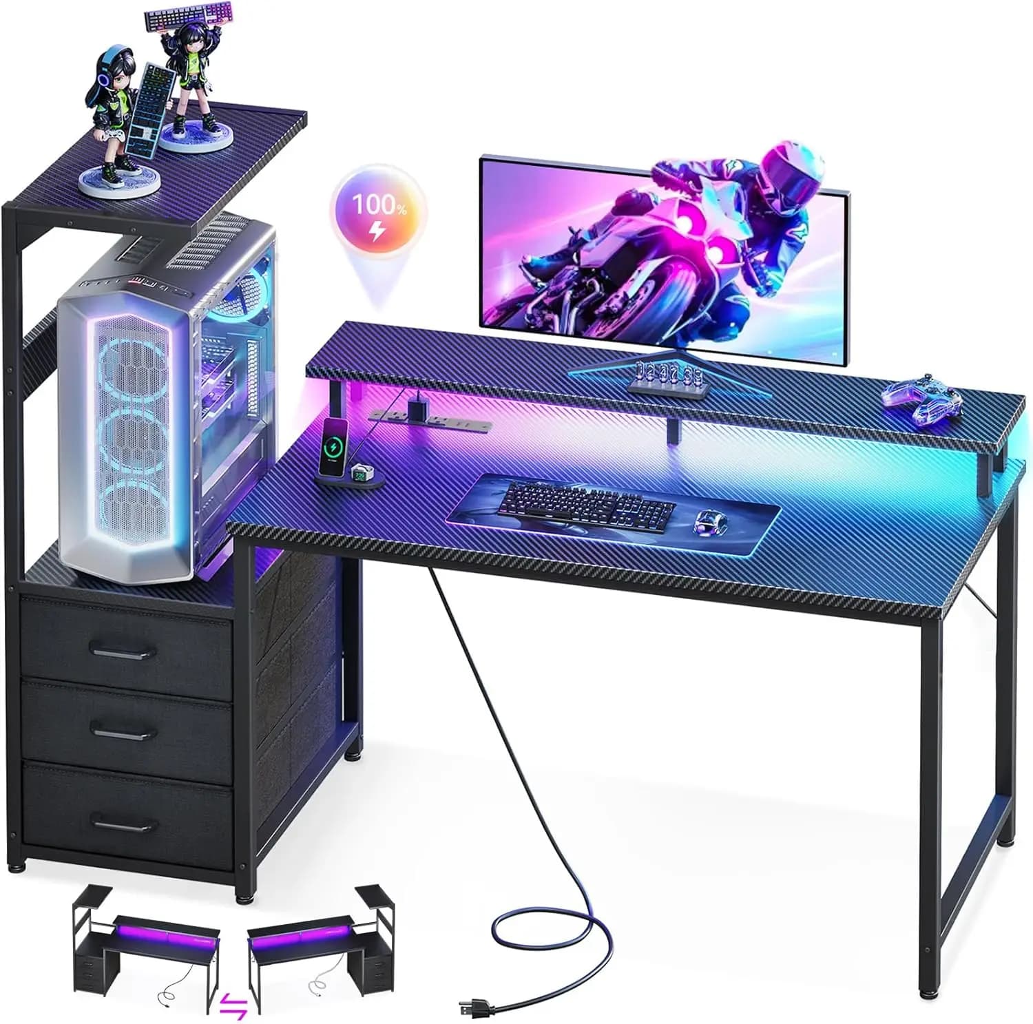 Scrivania da Gaming 52 Pollici con Luci LED e Porte USB - Scrivania per Computer Reversibile con 3 Cassetti, Supporto Monitor, Supporto CPU, Nera