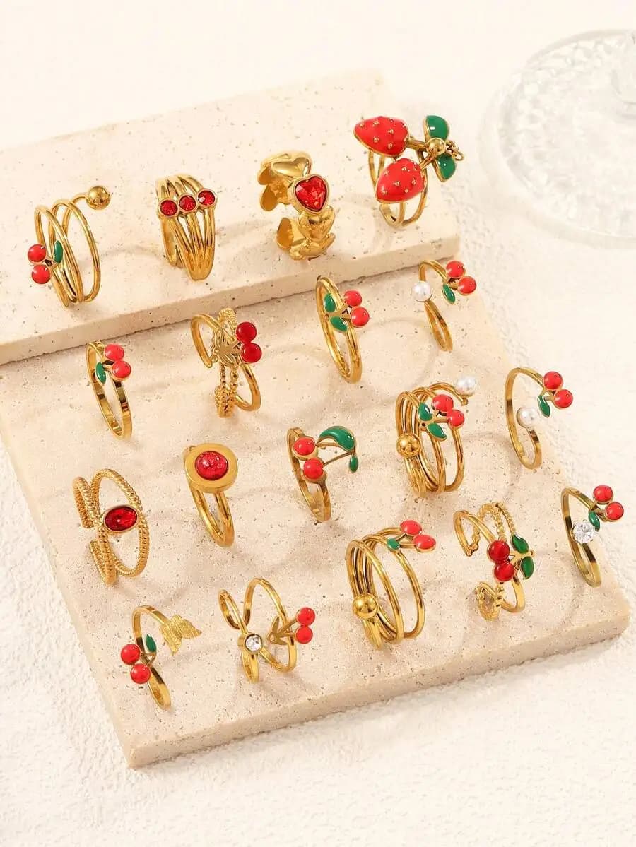 Set di anelli regolabili in acciaio inossidabile placcato oro con disegni di ciliegie e cuori in resina, da 4 a 16 pezzi per gioielli da donna alla moda