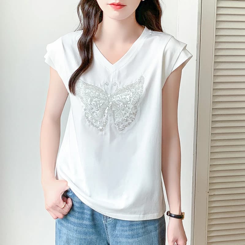M-3XL 95 Cotone Farfalla Paillettes Estate T-shirt bianca Manica corta Donna Basic Top Moda coreana Allentato Casual Con scollo a V Tee Shirts