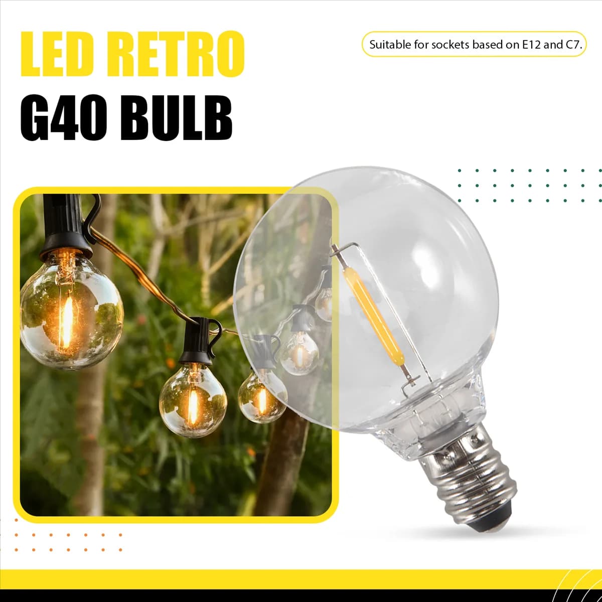 #370F 20 Pcs G40 LED Replacement Light Bulbs E12 Screw Base Shatterproof LED Globe Bulbs for Solar String Lights Warm (Clear)