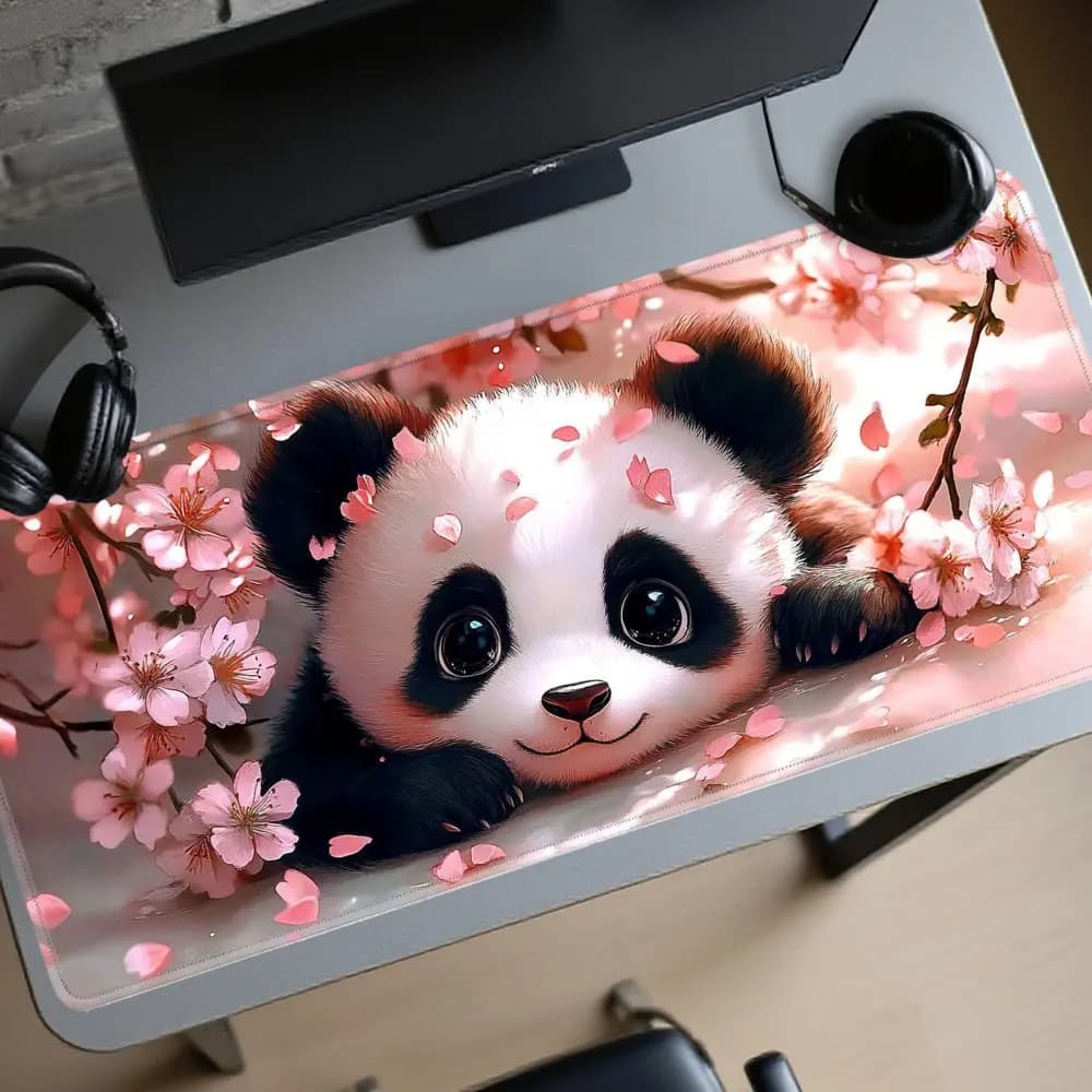 Grande tappetino per mouse da gioco giapponese, carino, antiscivolo, con base in gomma, motivo panda e fiori di ciliegio, per desktop, ufficio, computer, PC, tappetino da scrivania, idea regalo.
