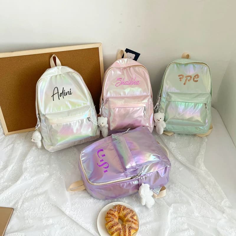 Zaino personalizzato con ologramma di moda ricamato Zaino scolastico lucido laser Zaino personalizzato con qualsiasi nome