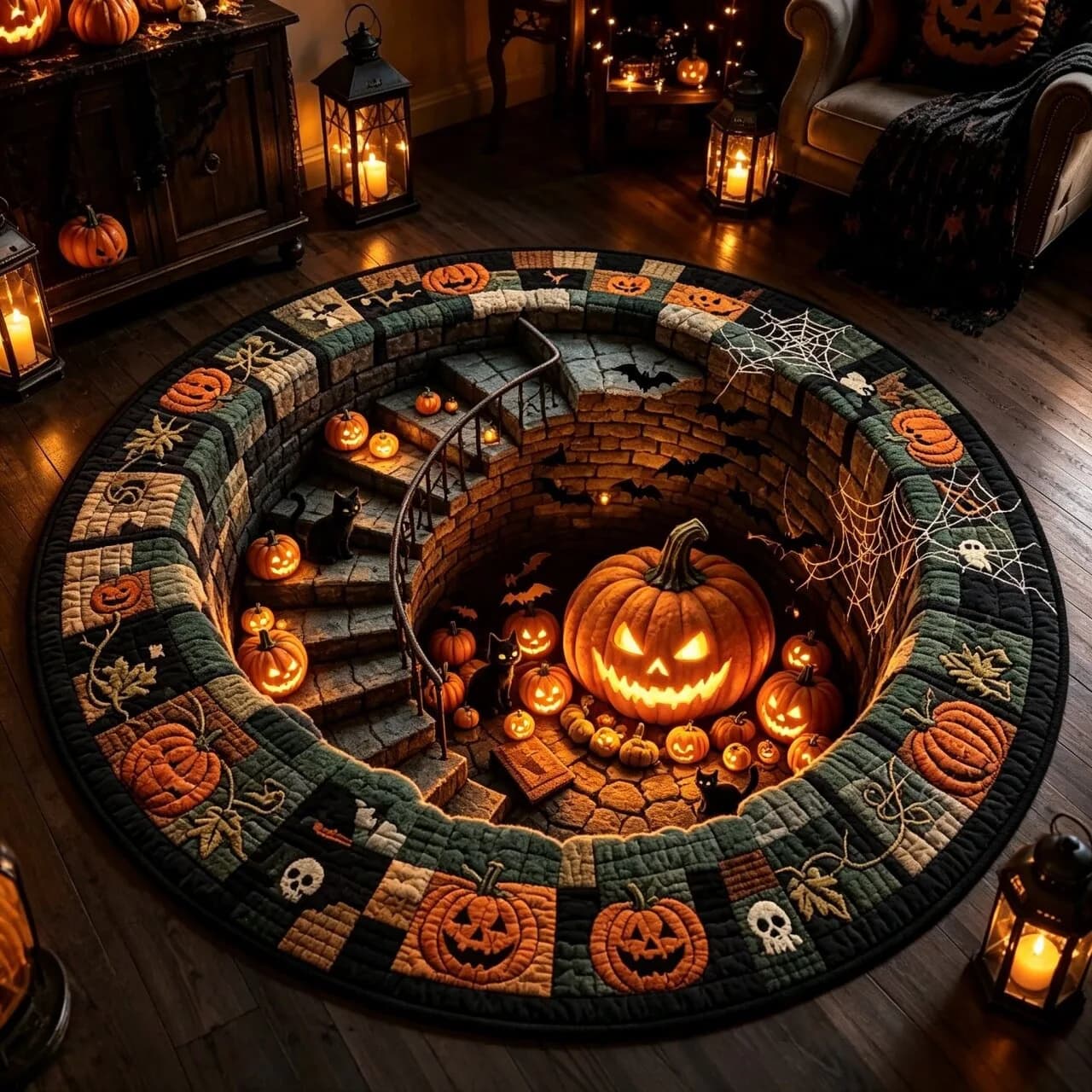 Halloween Round Printed Pumpkin Skull Plush Carpet Nonslip Indoor Outdoor Festival Entrance Floor Mat Multiple Sizes Available