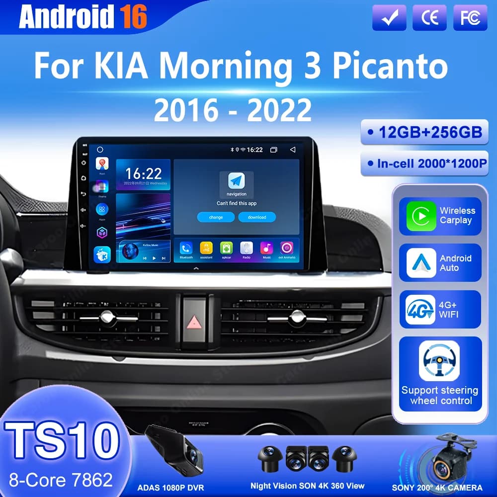 Autoradio Android 16 per KIA Morning 3 Picanto 2016-2022, Lettore Multimediale Video, DVD, GPS, Navigazione, Carplay, 4G, Wifi, BT