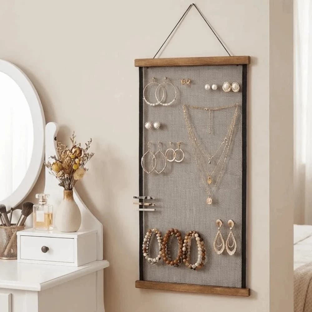 Wood Frame Jewelry Hanging Storage Rack Mesh Grid Large Capacity Mesh Display Rack Save Space Hanging Earring Display Rack